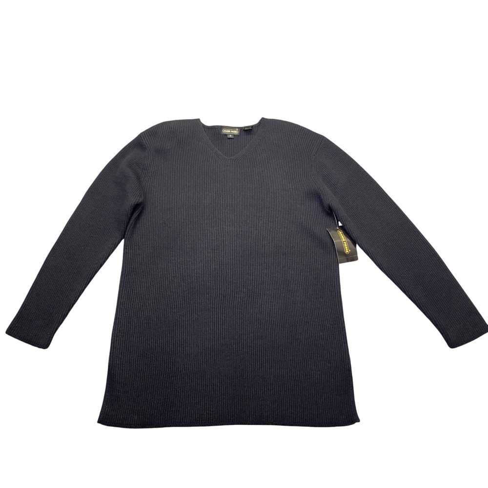 Jeanne Pierre Mens V-Neck Ribbed Knit Wool Blend Sweater Black Small NEW